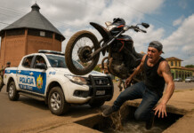 AMOSTRADINHO: em Cruzeiro do Sul, jovem empina moto na frente da viatura, tenta ‘meter fuga’ e acaba caindo no esgoto