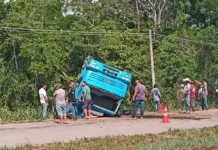 Caminhão boiadeiro tomba na BR-364, próximo ao aeroporto, e animais são arremessados; VÍDEO