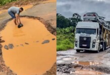 No Acre, caminhoneiros tentam tapar buracos por conta própria na BR-364